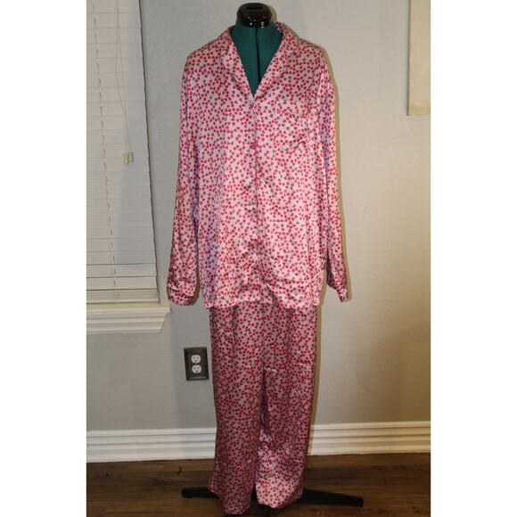 Victoria’s Secret PJ Set Large Pink Red Heart Print Satin Button Up Top Pants - Picture 1 of 6
